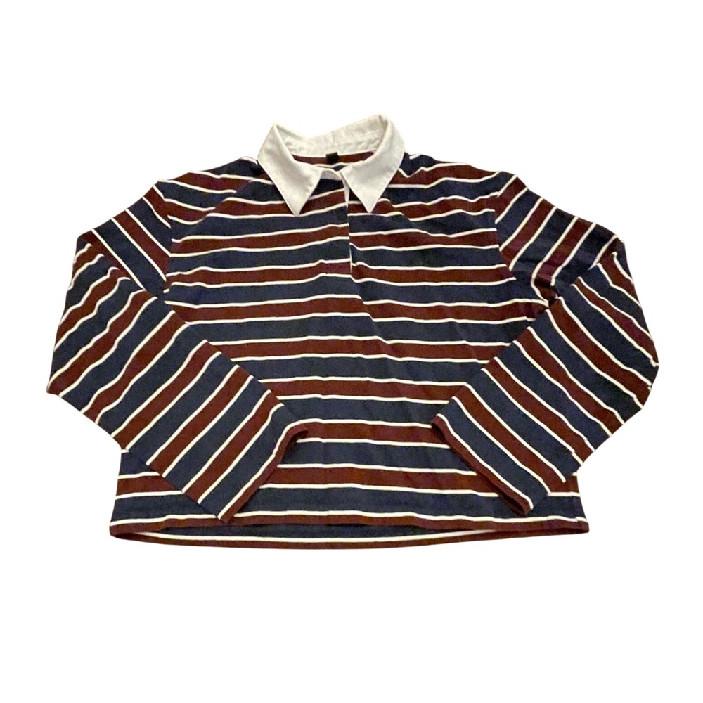 Uniqlo Womens XS Striped Rugby Shirt Navy Burgundy Long Sleeve Cotton oversized